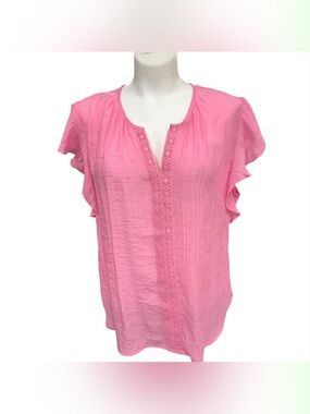 Counterparts Pink Flutter-Sleeve Split Neck Blouse Size L